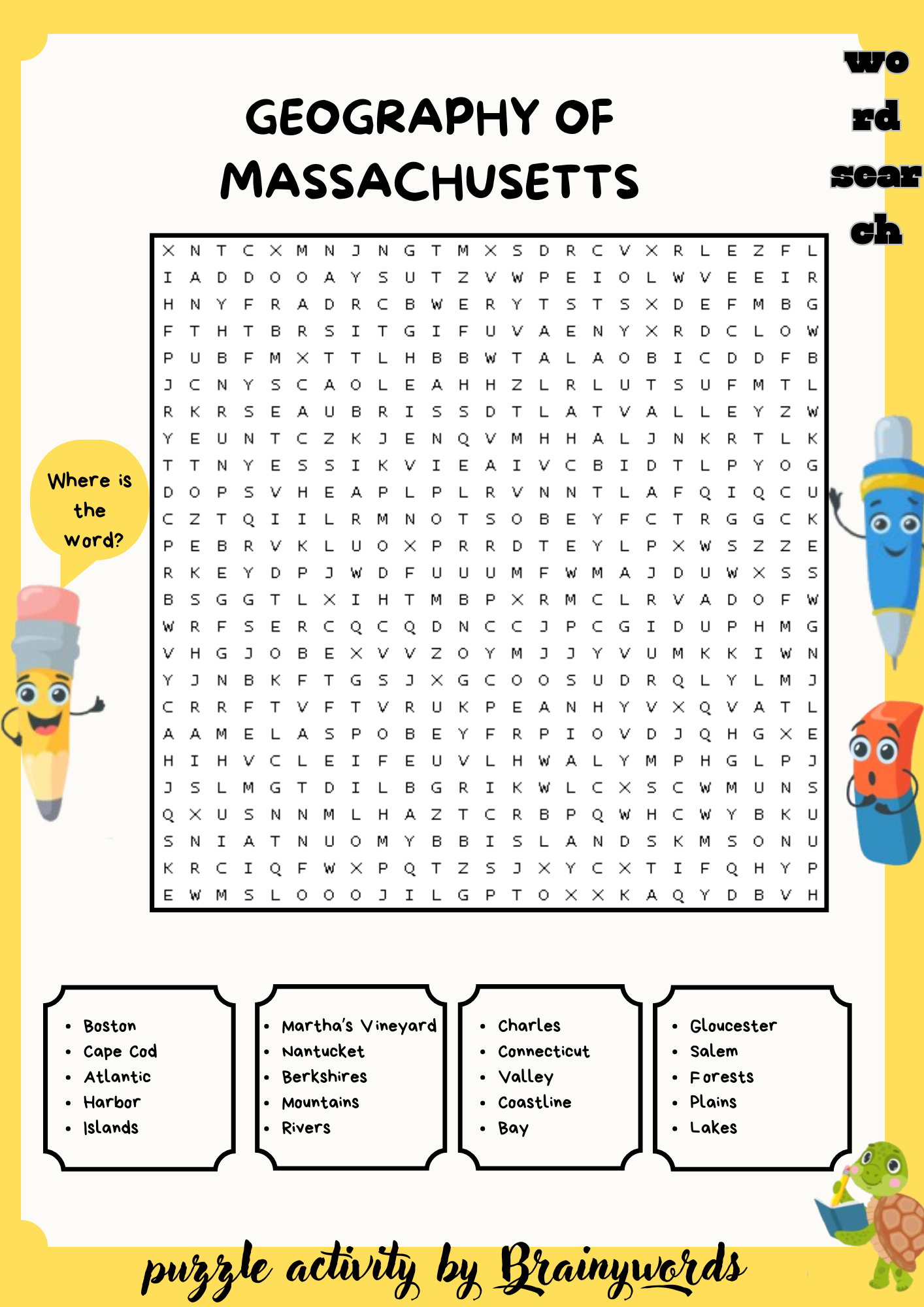 Geography of Massachusetts Word Search Puzzle worksheet activity