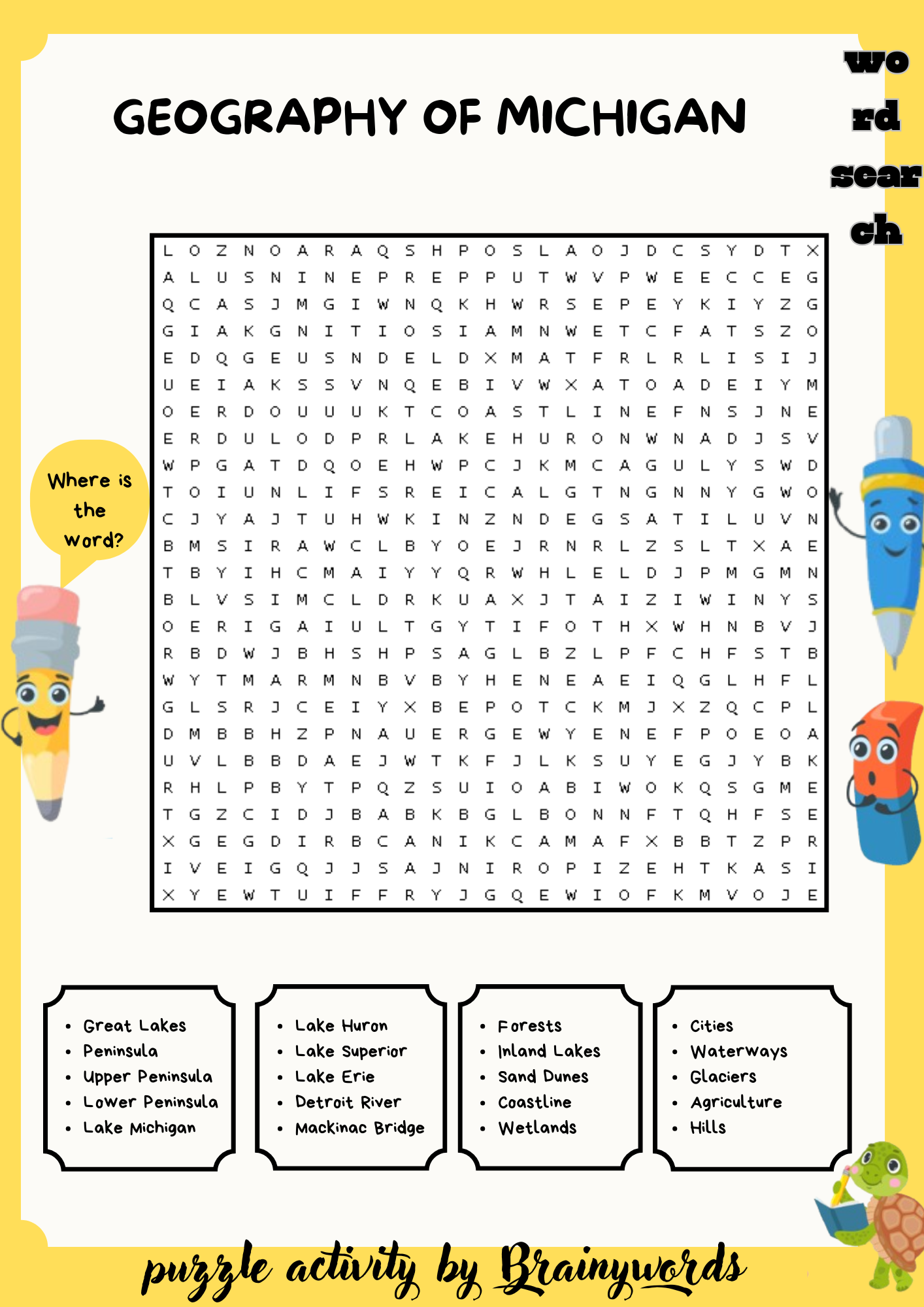 Geography of Michigan Word Search Puzzle worksheet activity