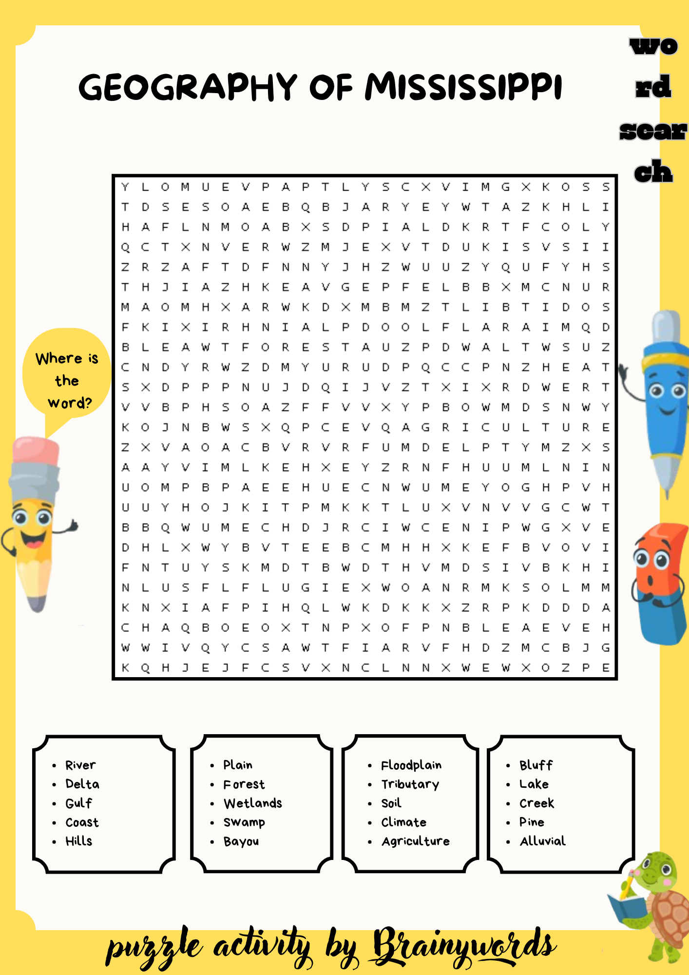 Geography of Mississippi Word Search Puzzle worksheet activity