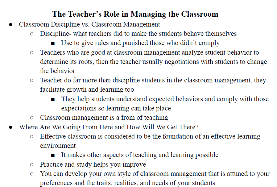 The Teacher's Role in Managing the Classroom Notes
