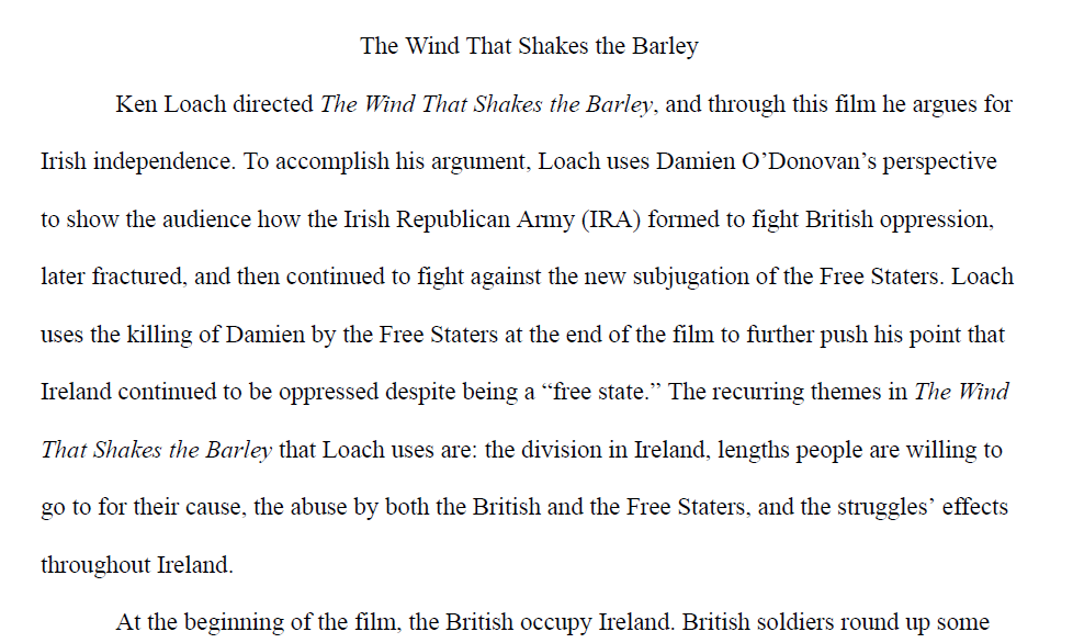 The Wind that Shakes the Barley Film Review Essay