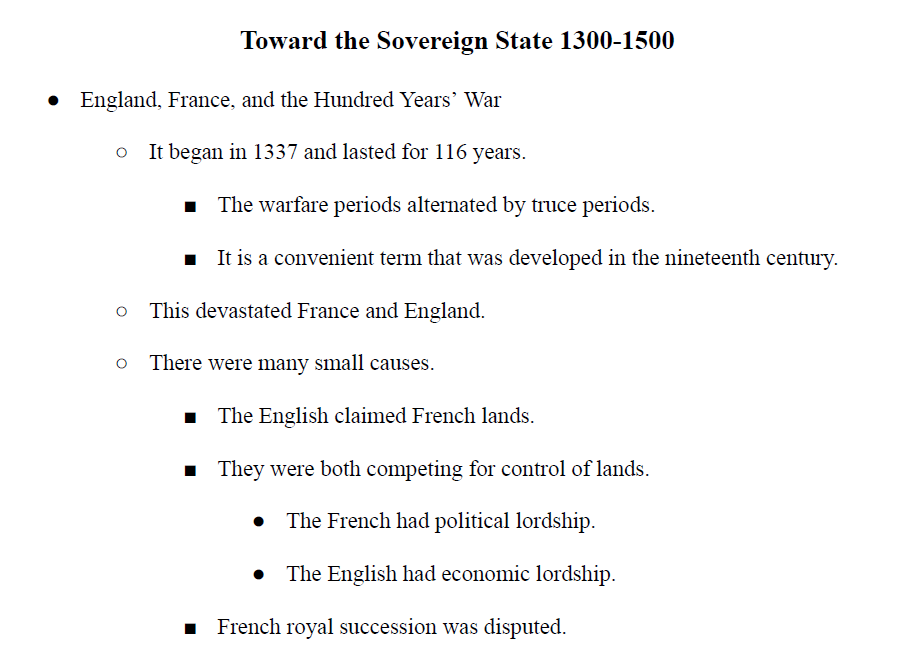 Toward the Sovereign State 1300-1500 Notes
