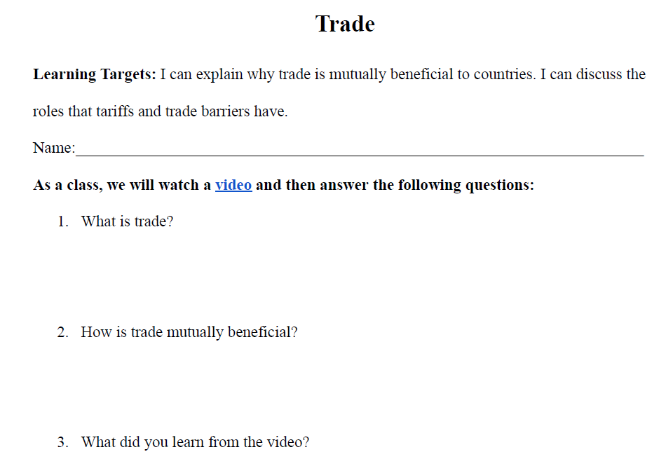 Trade Worksheet
