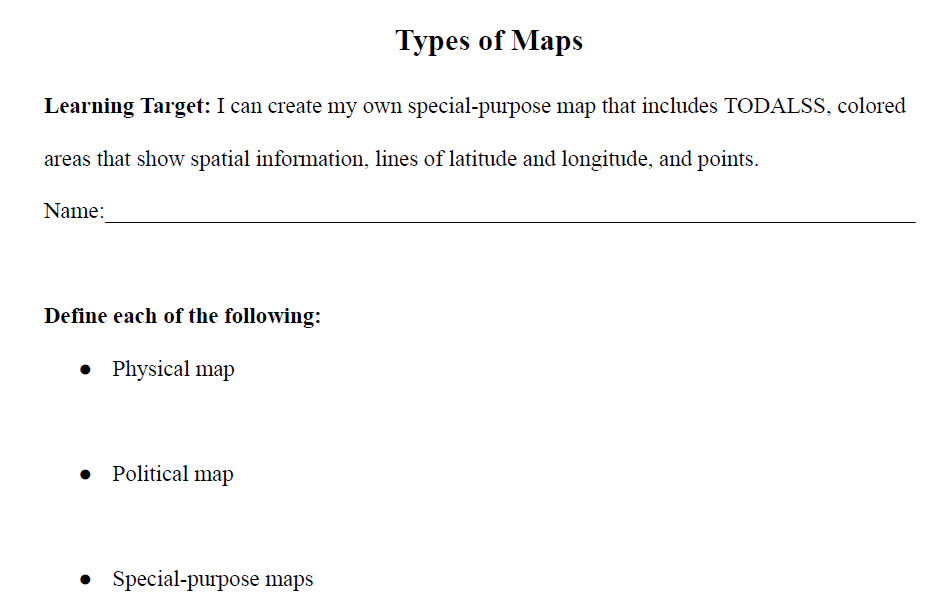 Types of Maps Worksheet