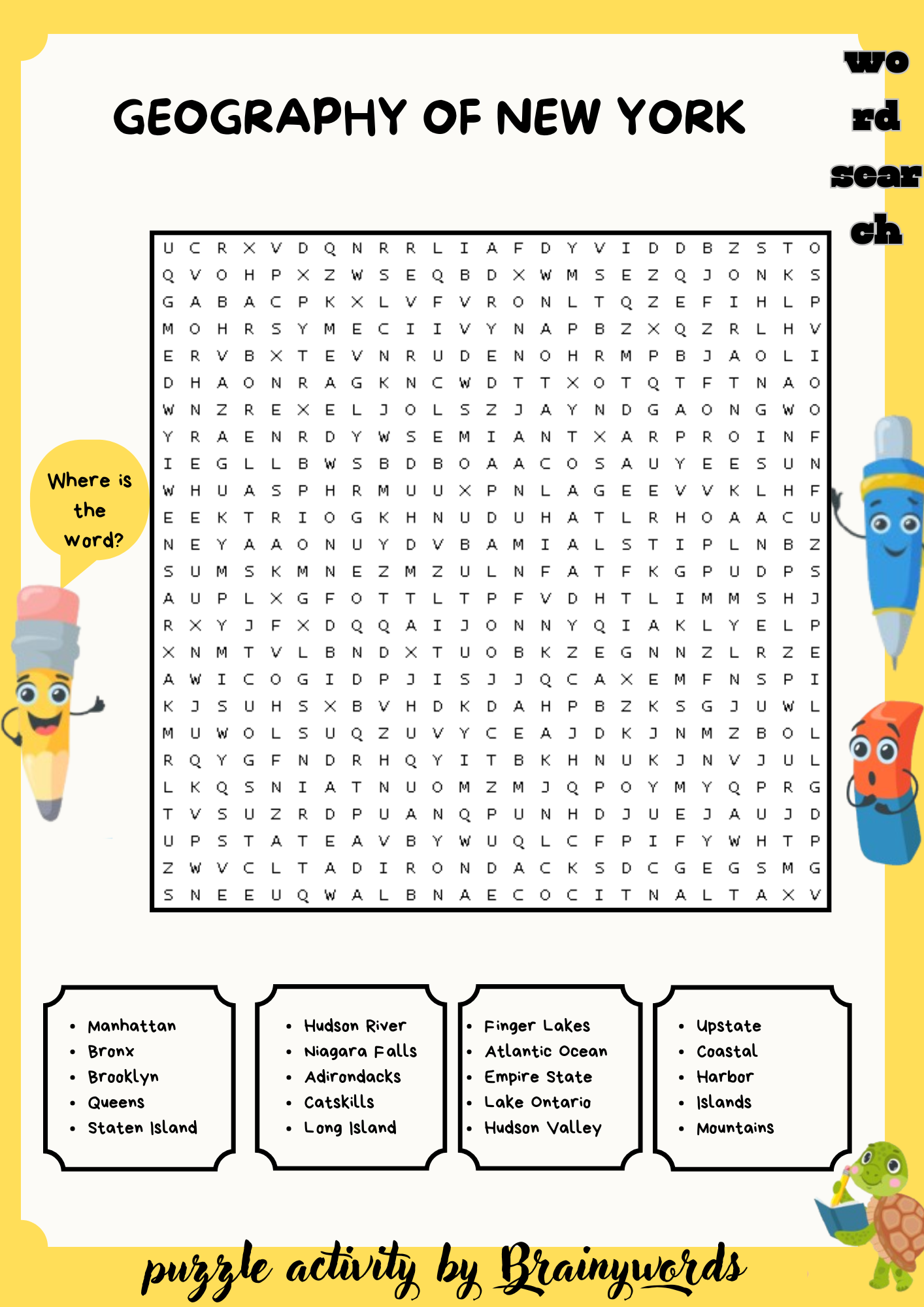 Geography of New York Word Search Puzzle Worksheet Activity