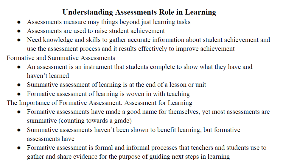 Understanding Assessments' Role in Learning Notes
