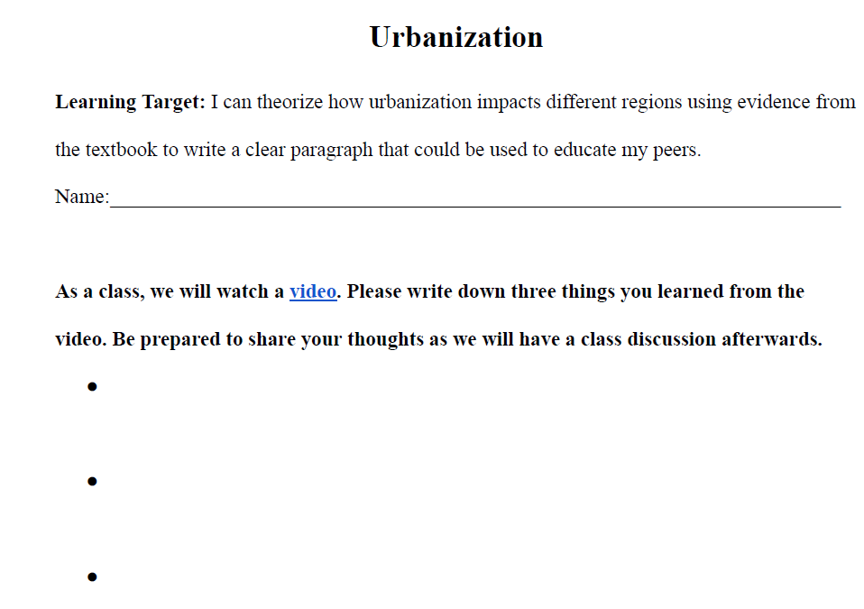 Urbanization Worksheet