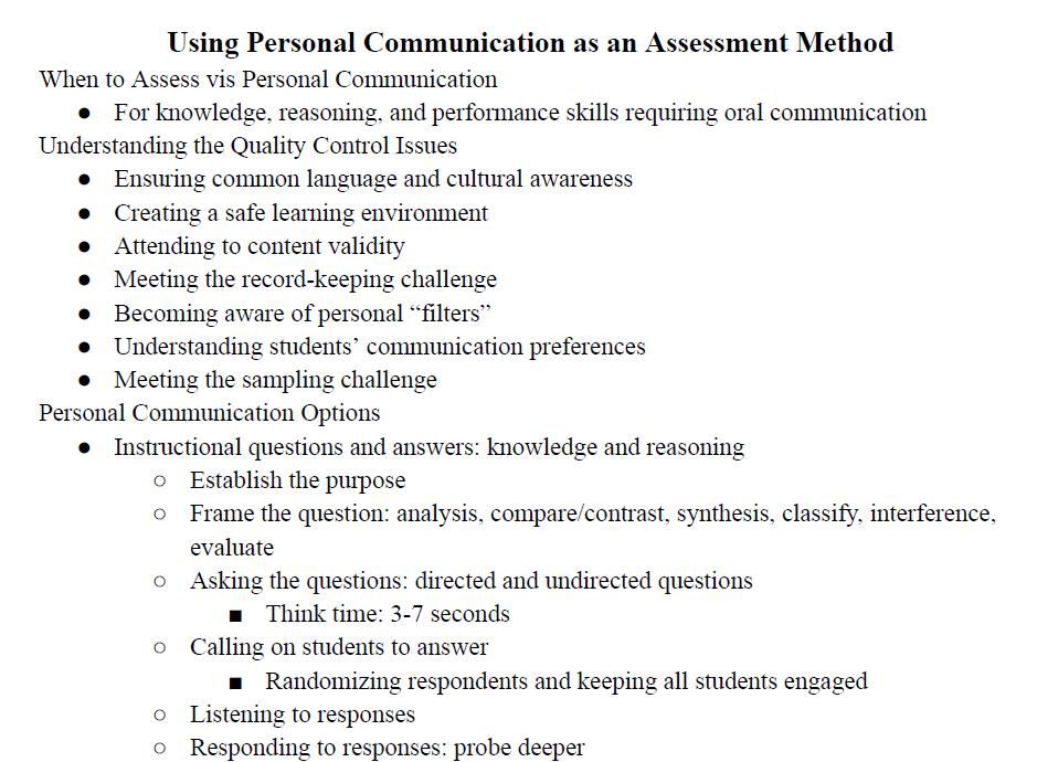 Using Personal Communication as an Assessment Method Notes