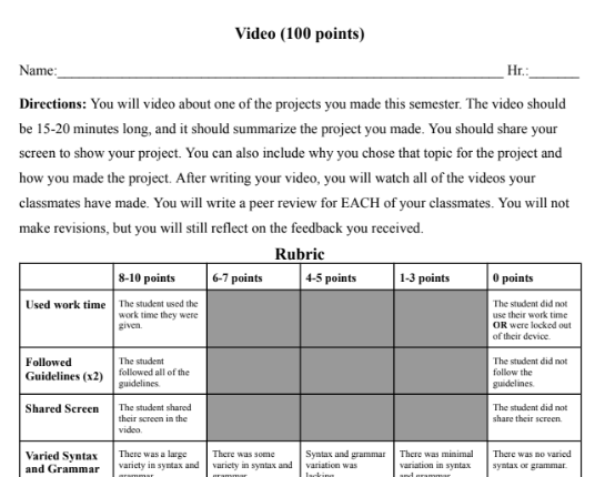 Video Directions and Rubric