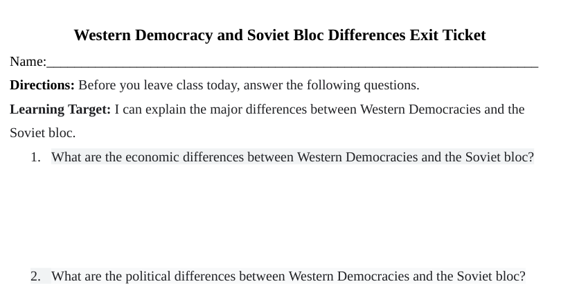 Western Democracy and Soviet Bloc Differences Exit Ticket