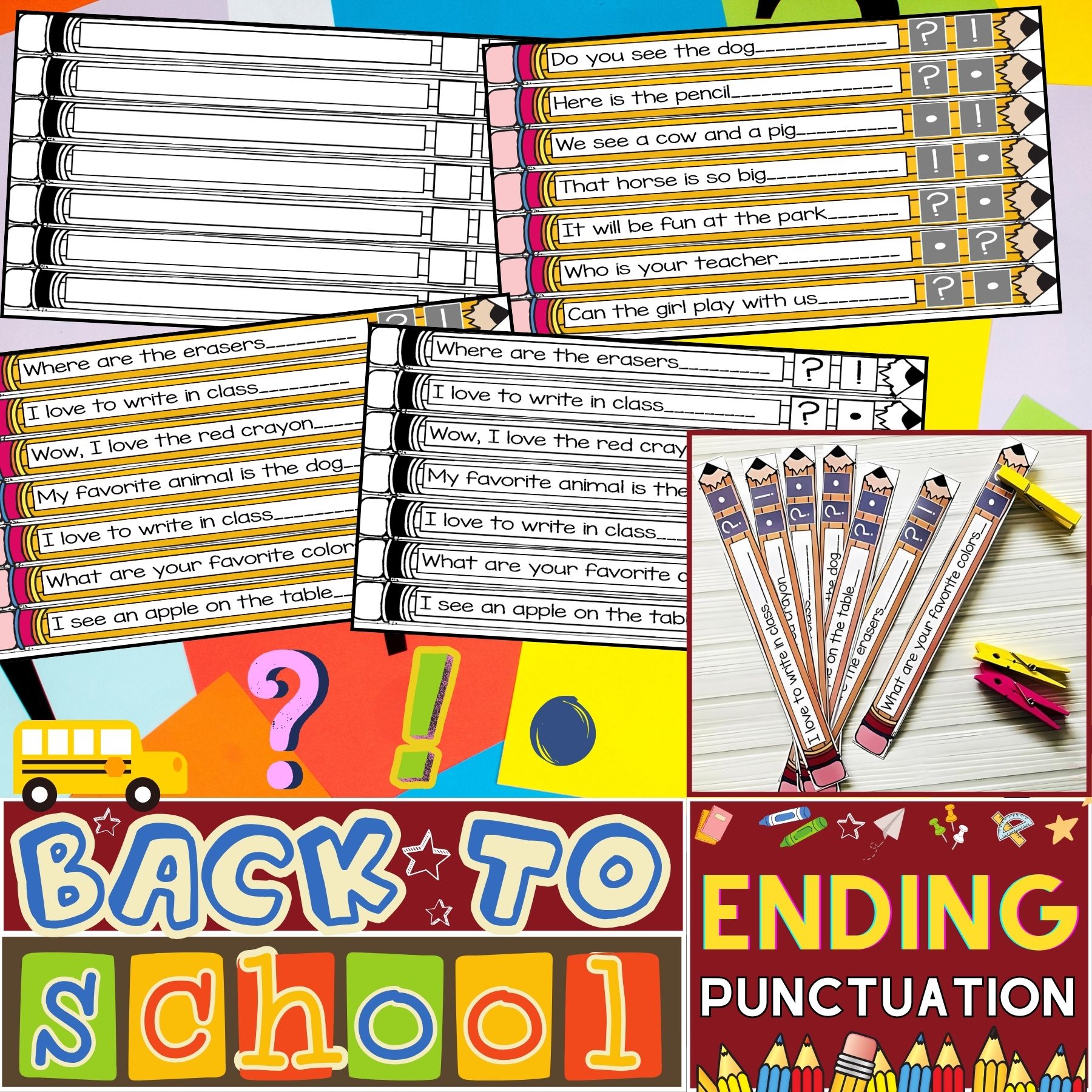 Ending Punctuation Pencil Clip Cards Activities | First Day of Back To School