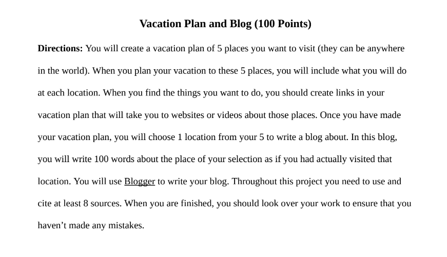 Vacation Plan and Blog Directions and Rubric
