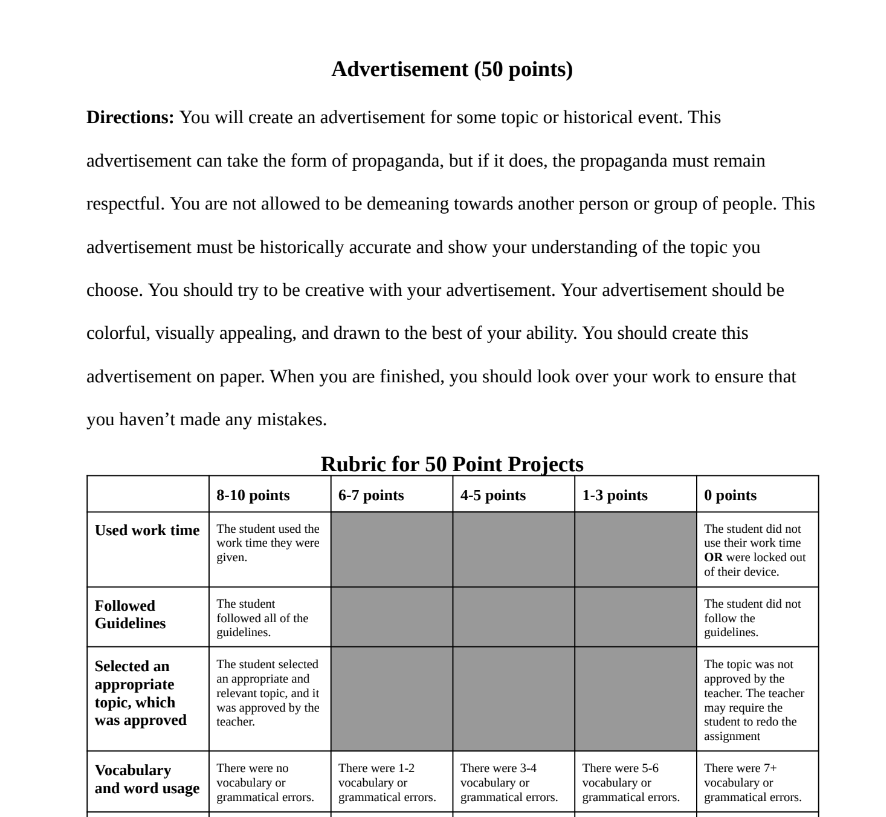Advertisement Directions and Rubric