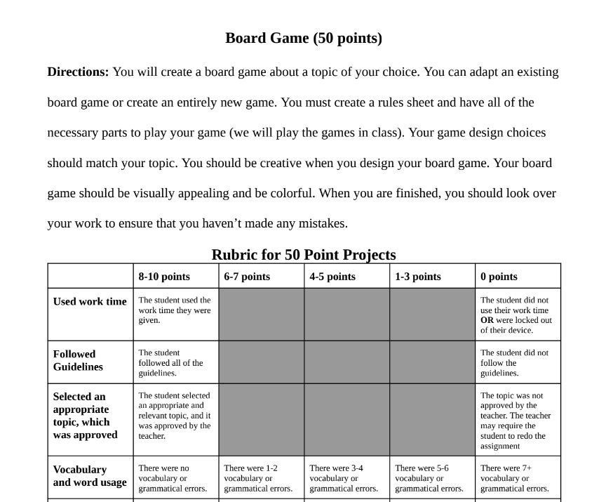Board Game Directions and Rubric