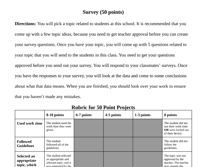 Survey Directions and Rubric