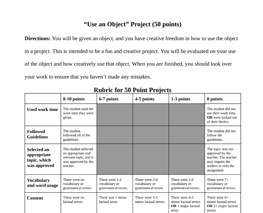 Use and Object Project Directions and Rubric