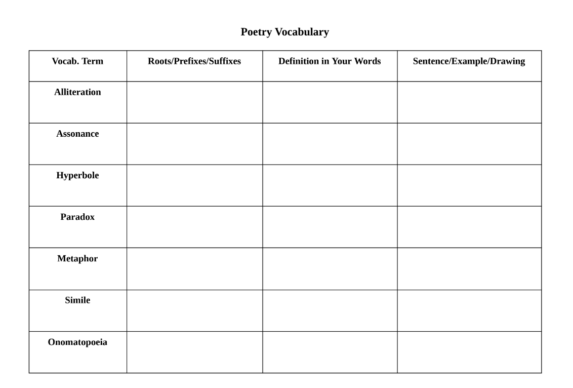 Poetry Vocabulary Worksheet