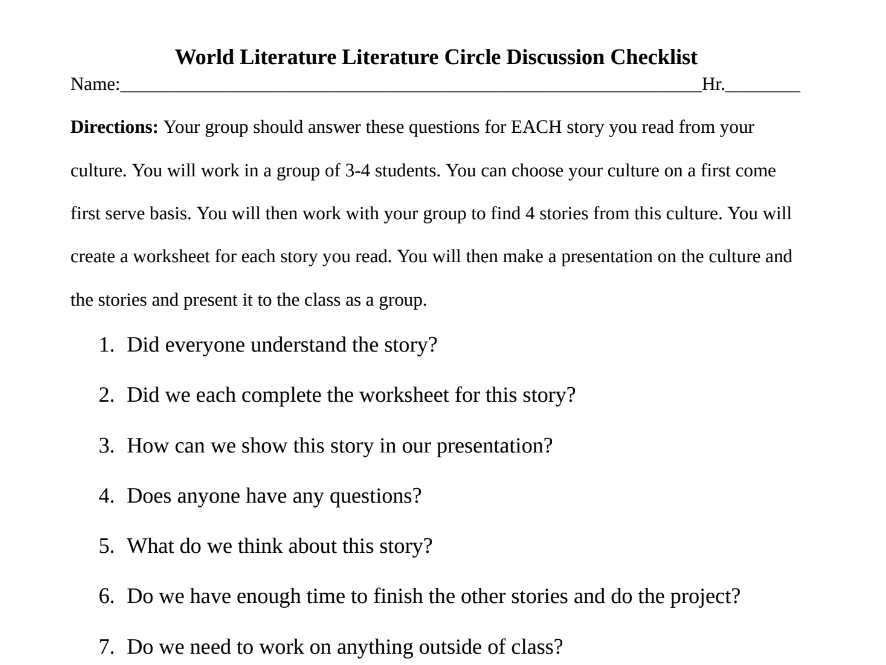 World Literature Literature Circle Project