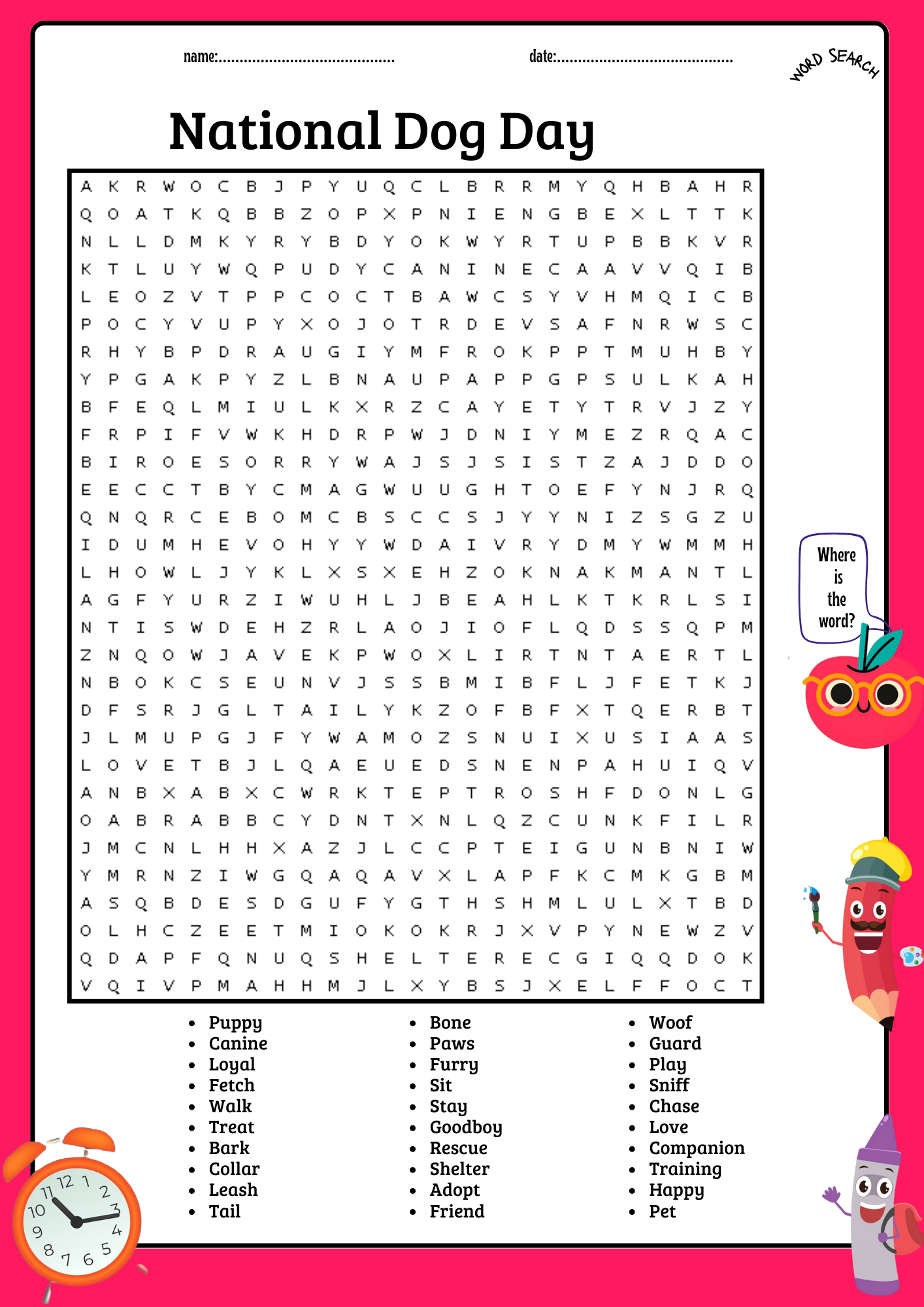 National Dog Day Word Search Puzzle Worksheet