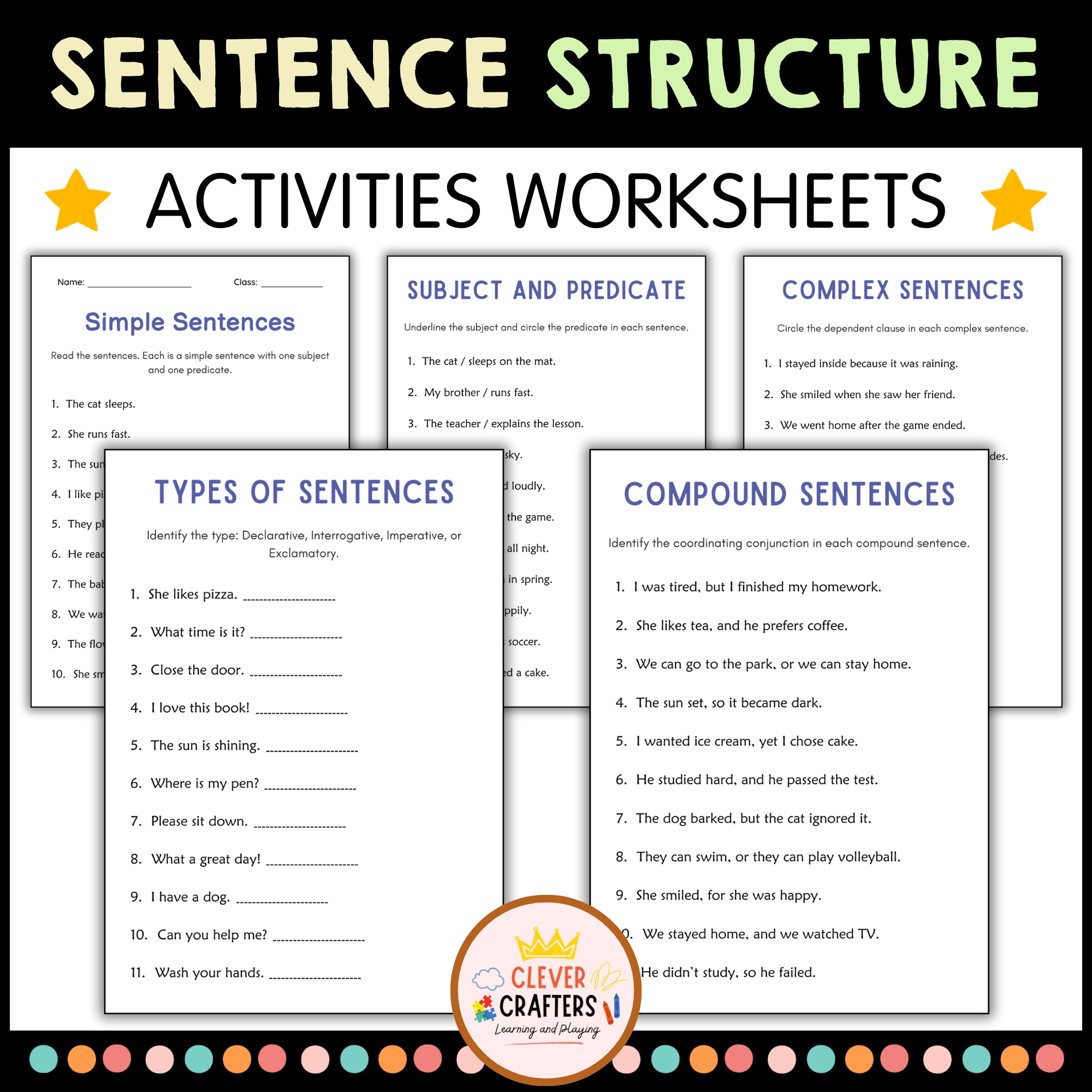 Sentence Structure Worksheets: Simple Sentence, Compound, Complex, Fragments
