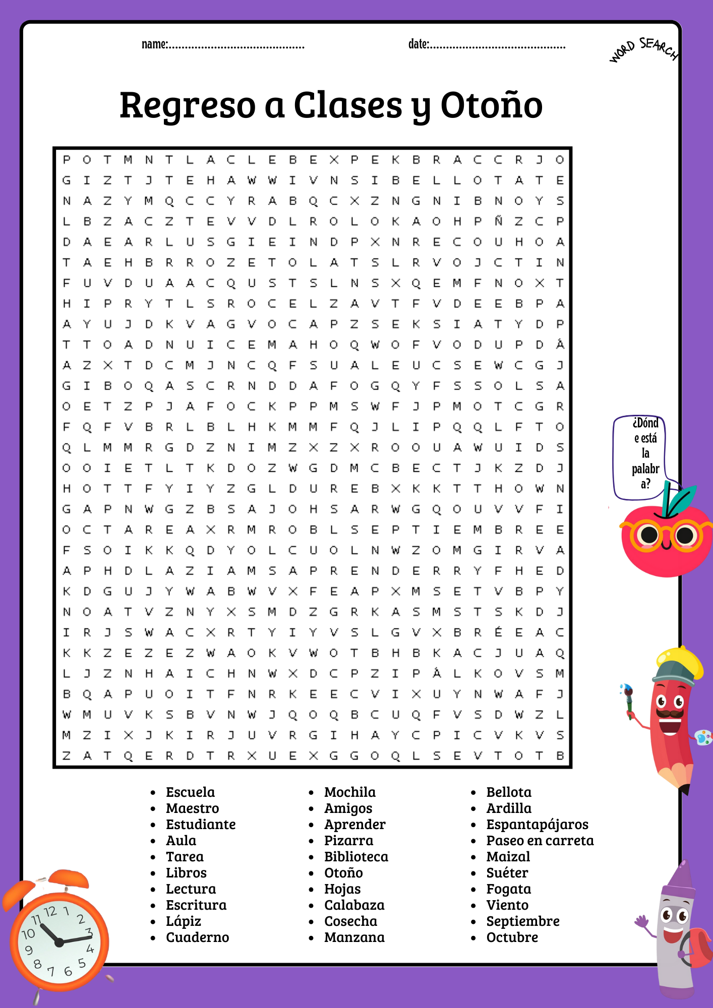 Back to School & Fall Word Search Puzzle In Spanish Worksheet Activity