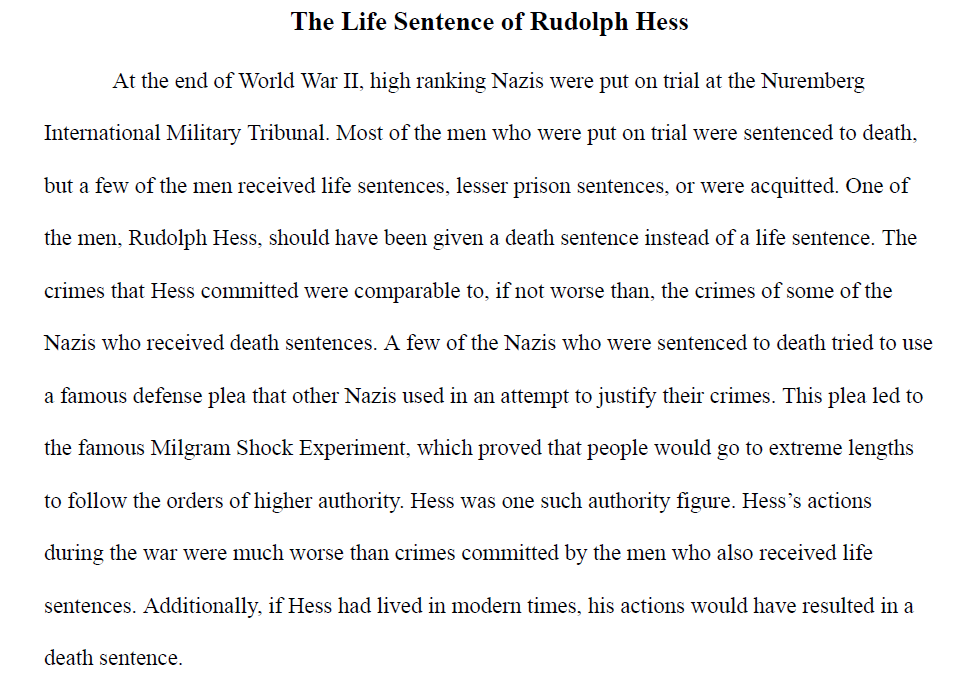 Life Sentence of Rudolf Hess Research Paper