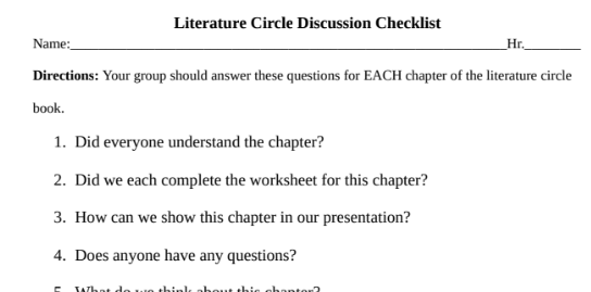 Literature Circle Presentation and Discussion Checklist