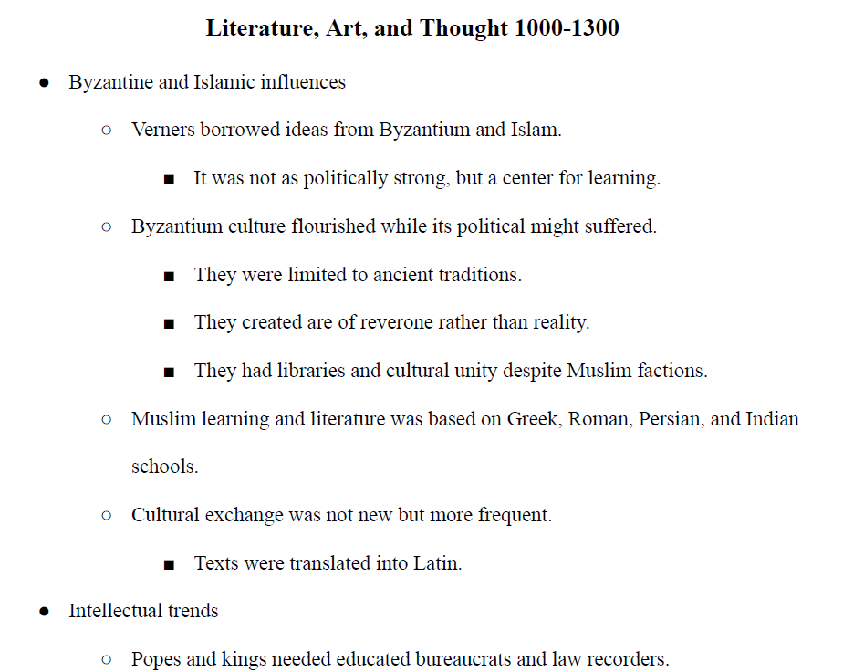 Literature, Art, and Thought 1000-1300 Notes