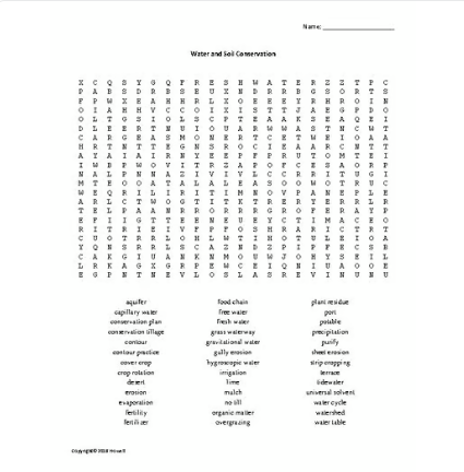 Water and Soil Conservation Word Search for Ag. Science Students