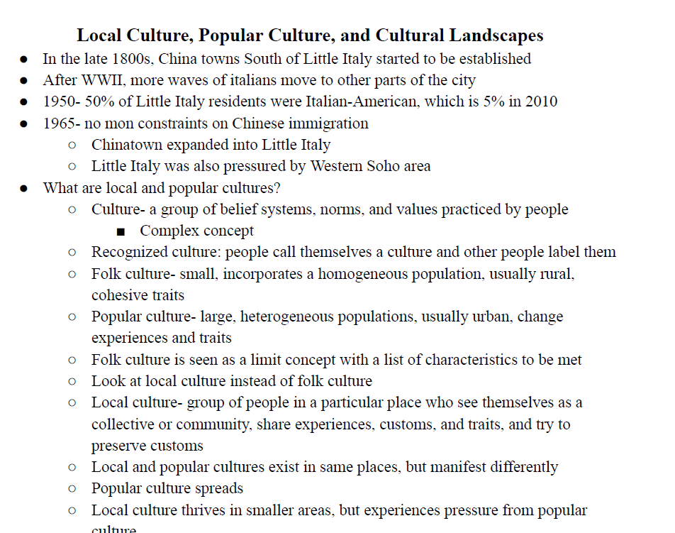 Local Culture, Popular Culture, and Cultural Landscapes Notes