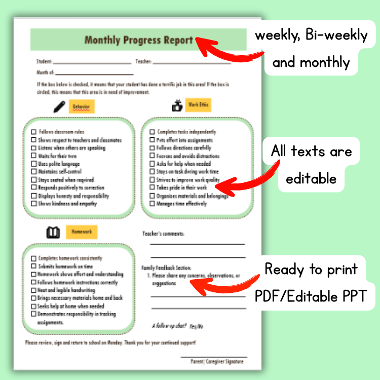 Editable Jungle theme Weekly,Bi-Weekly,Monthly Student Progress Report–PDF & PPT