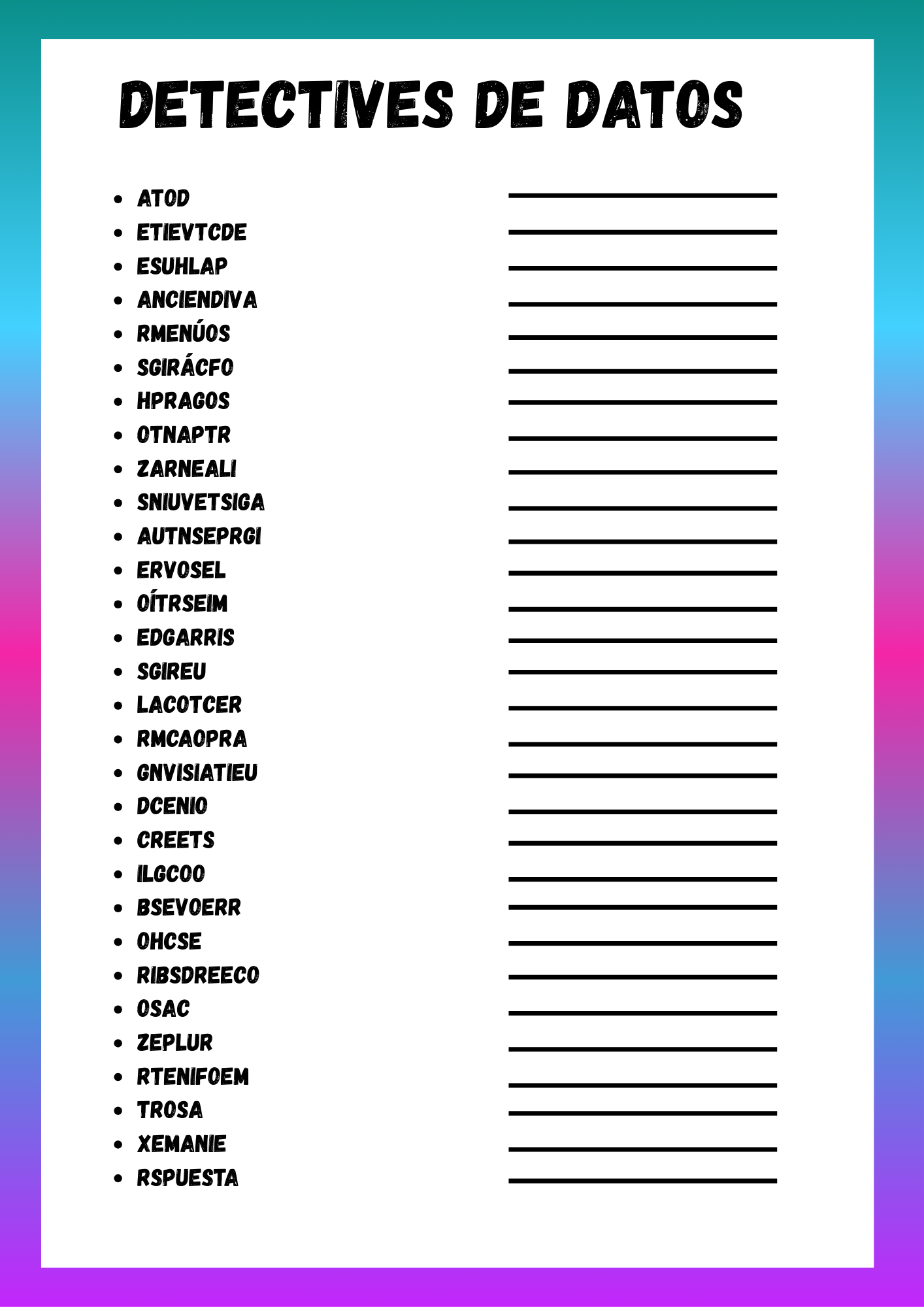 Spanish Data Detectives Word Scramble Puzzle Worksheet + Answer Key