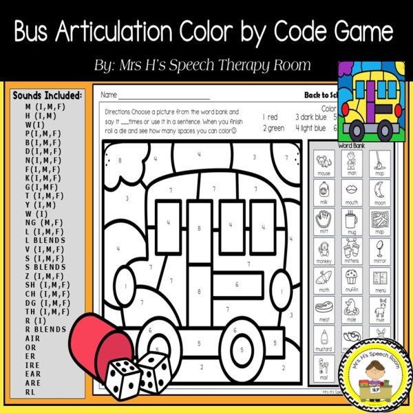 Back to School Speech Therapy Articulation Phonemic Awareness Color By ...