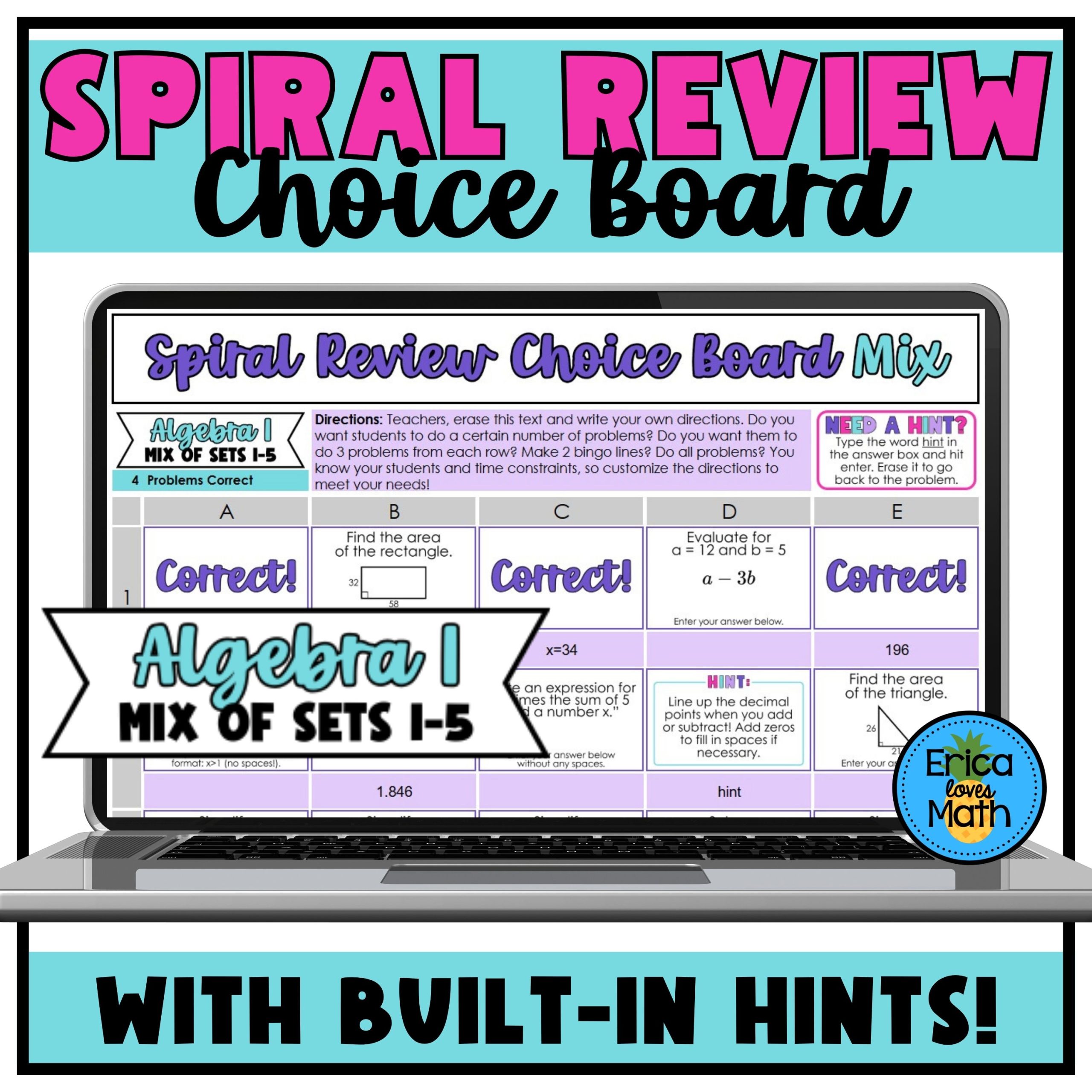 Algebra 1 Spiral Review Sub Plan | Digital Choice Board Activity (Mixed Set)