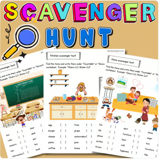 Scavenger hunt game for Countable and Uncountable Nouns activity worksheet