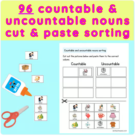 Countable and Uncountable Nouns cut and paste Sorting activity worksheet