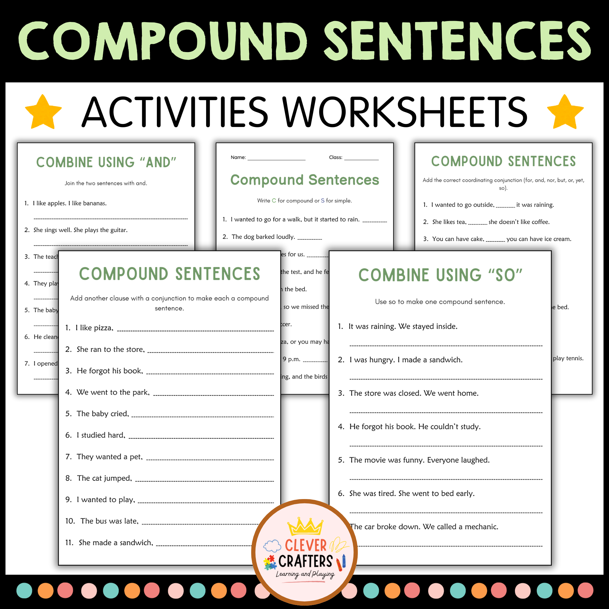 Compound Sentences Worksheet | Commas & Conjunctions | And, But, Or, So, Because