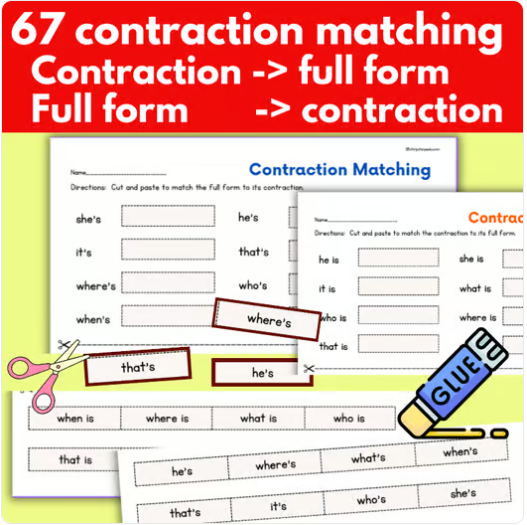 Cut and Paste Contraction Matching hands-on practice worksheet
