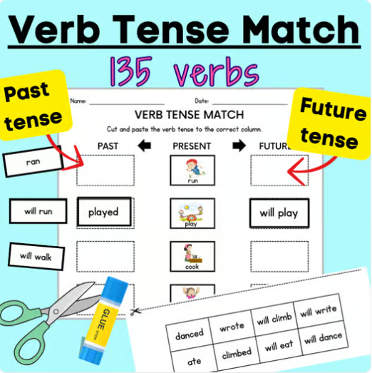 Cut and Paste matching Action verb tense with image worksheet