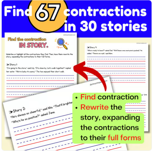 Find Contraction in long sentence worksheet, expand contraction to full form