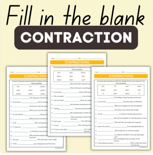 Fill in the blank Contraction sentence worksheet, Contraction with NOT practice