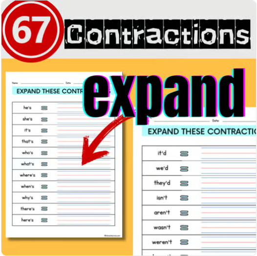 Expand Contraction worksheet |With Not Contraction Practice