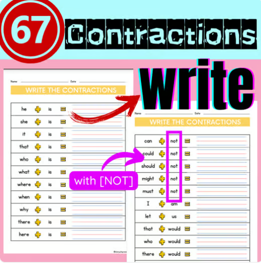 Write Contraction worksheet |With Not Contraction Practice
