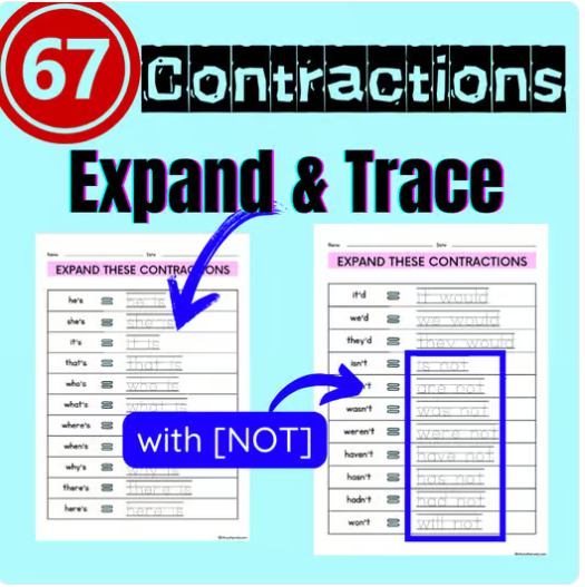 Expand & Trace Contraction worksheet |With Not Contraction Practice