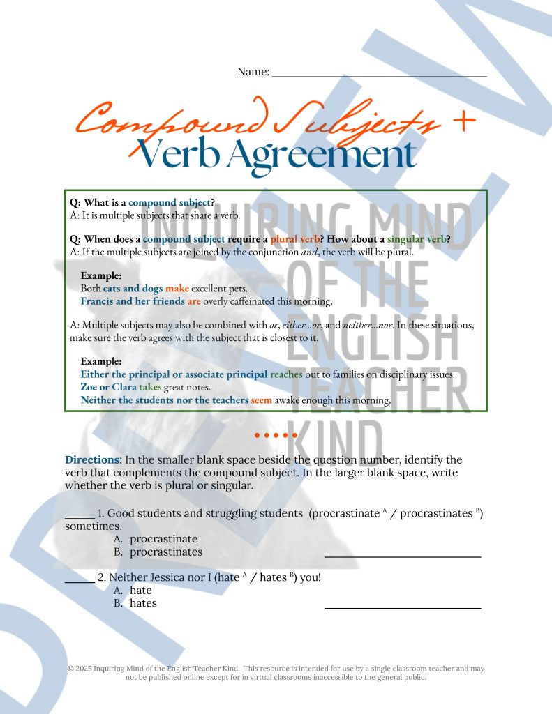 Grammar Review Worksheet on Compound Subjects and Verb Agreement | High ...