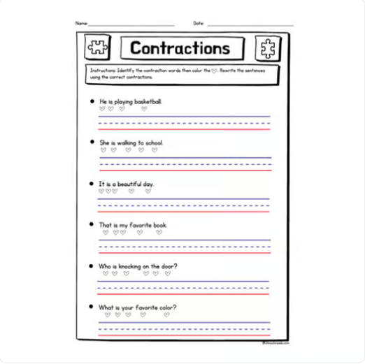 Identify contraction in sentence worksheet |rewrite the sentence ...