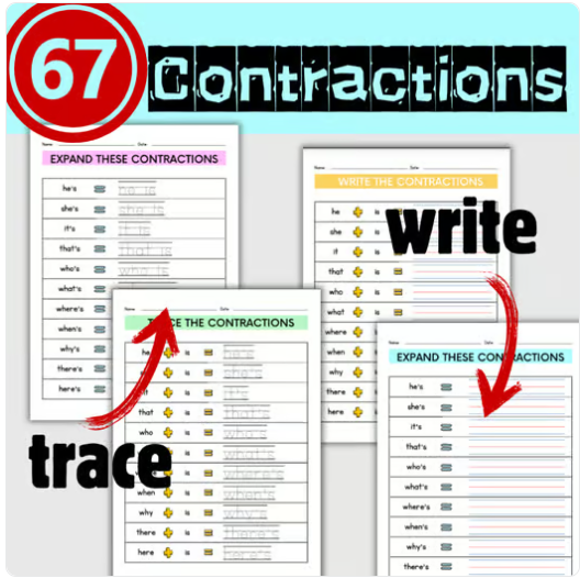 Contraction with NOT worksheet TRACE & WRITE practice 1st 2nd grade ELA Grammar