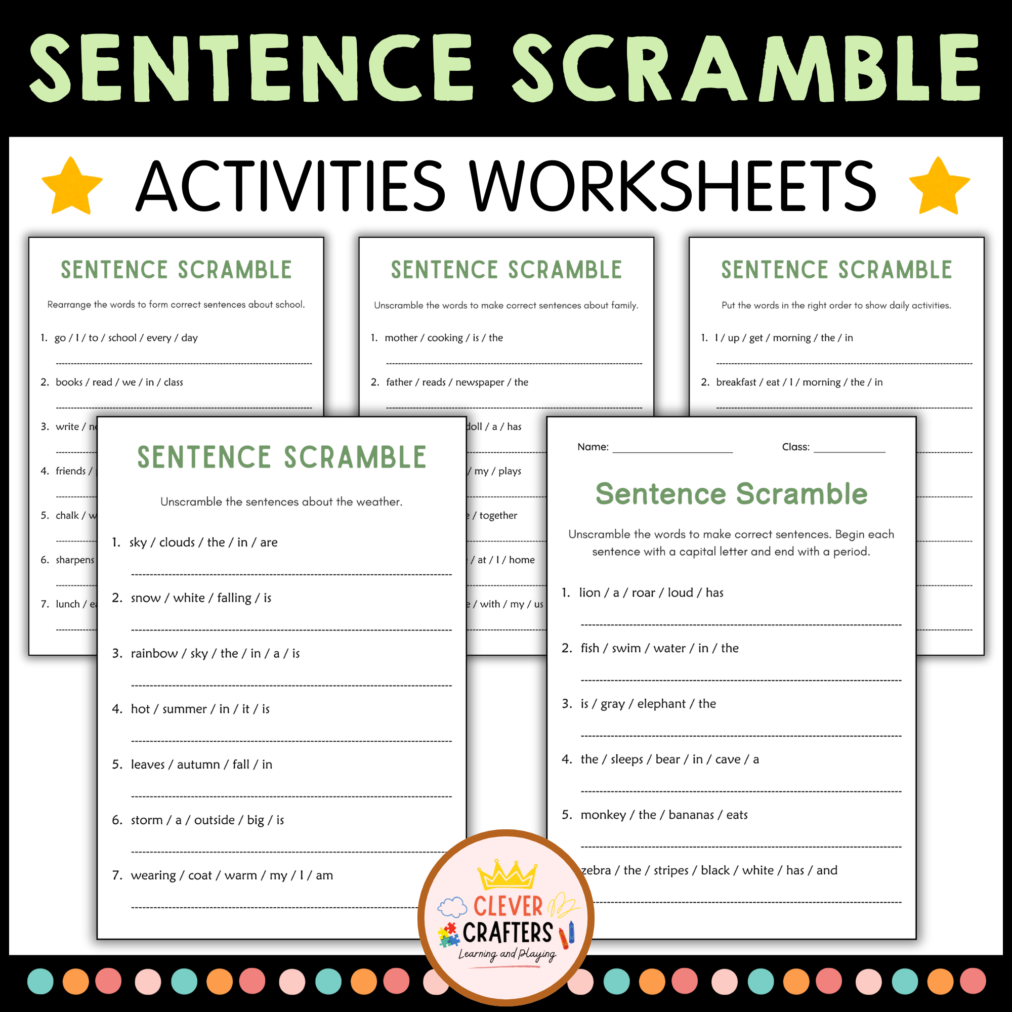 Sentence Scramble Practice Grammar Worksheets - Kindergarten Literacy Centers