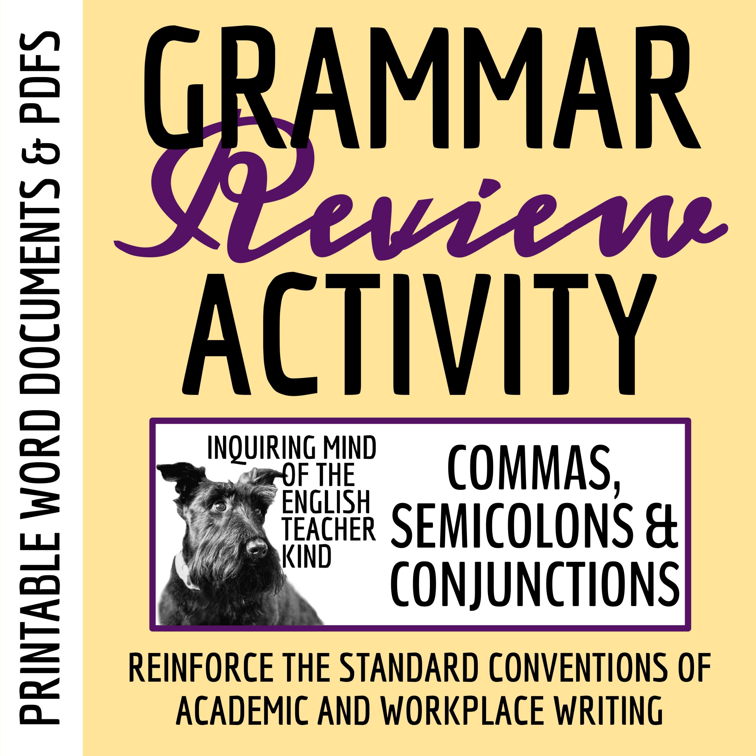 High School Grammar Review Packet on Commas, Conjunctions, Semicolons with Key