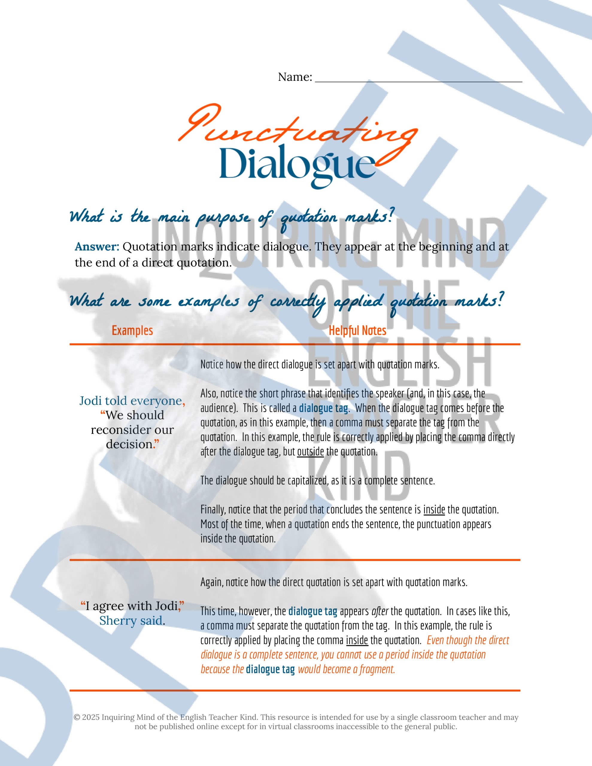 Grammar Review Practice Worksheet on Quotations and Punctuation Marks ...